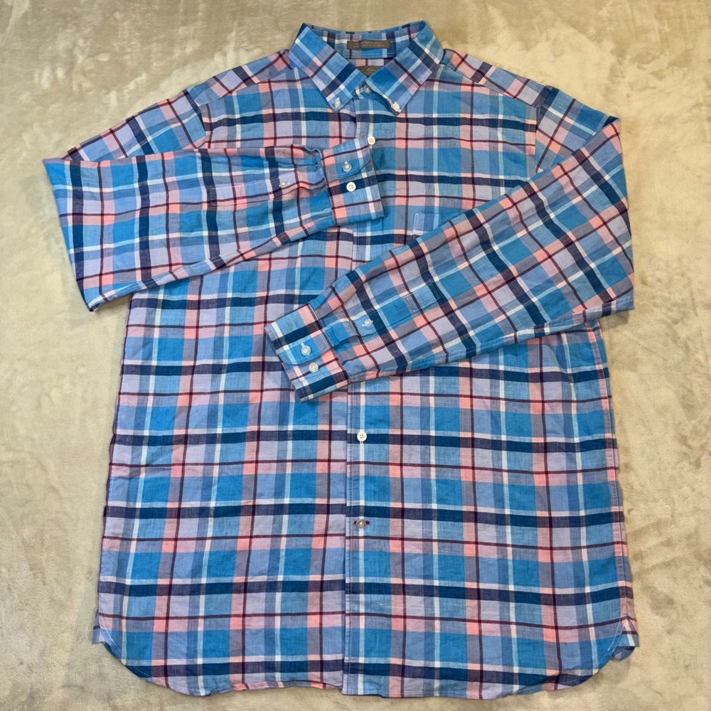 Daniel Cremieux Signature Collection Mens Blue Pink Plaid Stretch Linen Shirt L